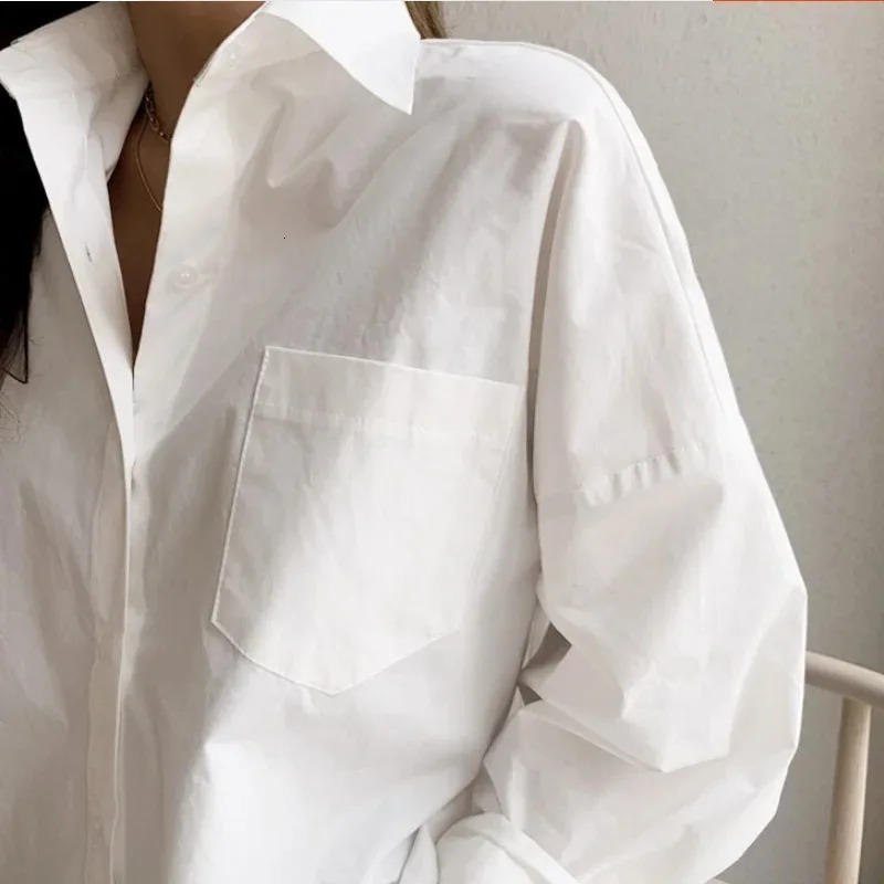 Office Lady Elegant White Casual Loose Blouses Fashion Cotton Long Sleeve Women Shirt Turndown Collar Tops 260306