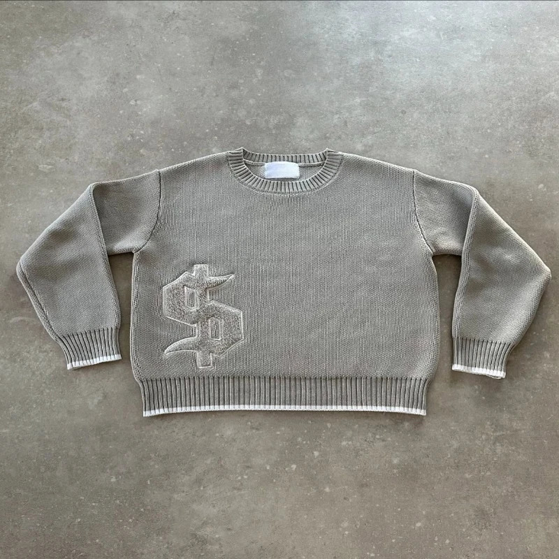 Hip Hop Dollar Embroidery Streetwear Unisex Baggy Set 2 pcs Set Y2K Autumn Winter Retro Knitted Sweater Jeans Suit Trendy 260227