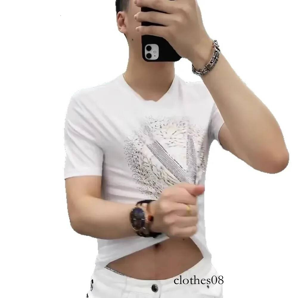Summer Ice Silk Cotton Rhinestone Short Men's T-shirt Loose Casual Half Sleeve Top Korean Trend Hong Kong Style