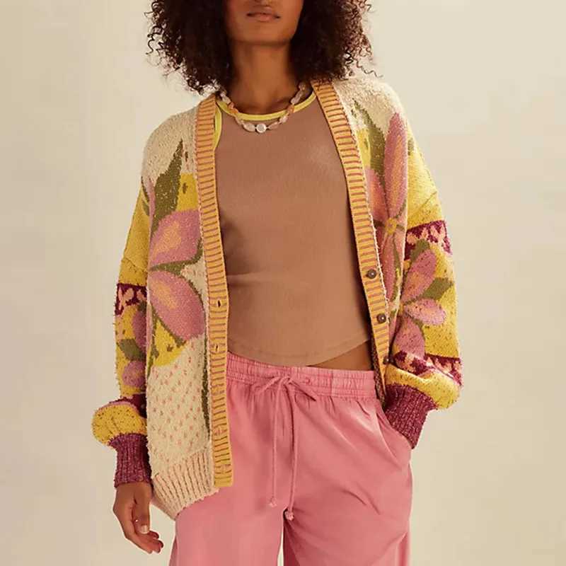 Women Knit Cardigan Long Sleeve Button Closure Flower Fall Winter Casual Jacket Sweater Y2K Vintage Streetwear M260306