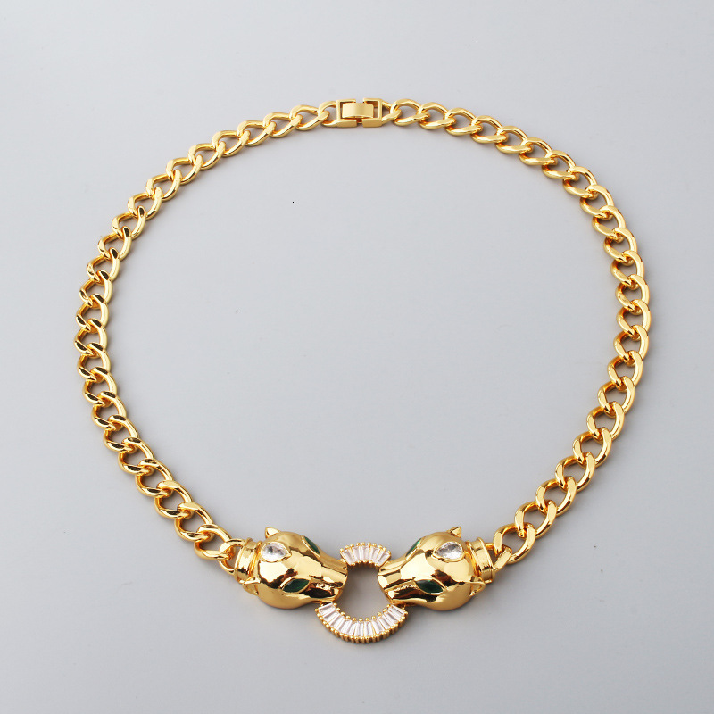 Bracelet Minimalist Hip-Hop Copper Micro-Inlaid Zircon And Bracelet, Electroplated Exaggerated Punk Style Double Leopard Head Pendant Necklace