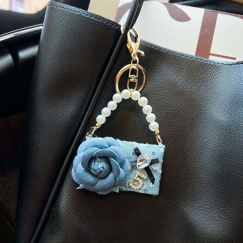 Creative Design Denim Camellia Model Women's Car Personalized Keychain Fashion Bag Pendant