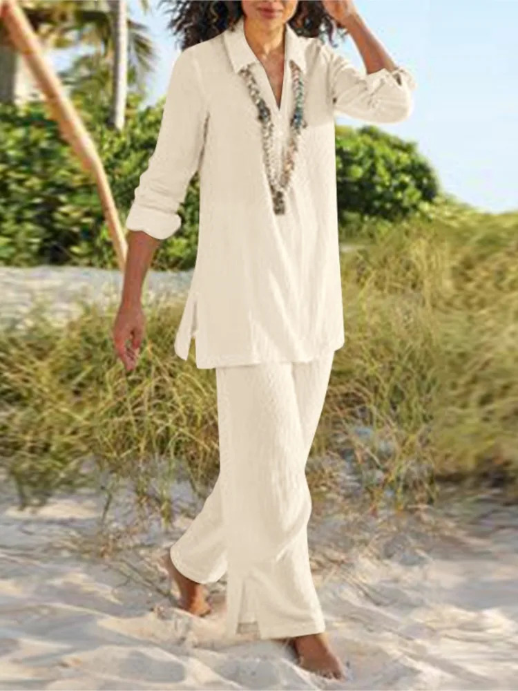 Loose Casual Pant Sets For Women Autumn Long Sleeve Solid Color Cotton And Linen Two Piece Set Vintage Style Lady Suits 260305