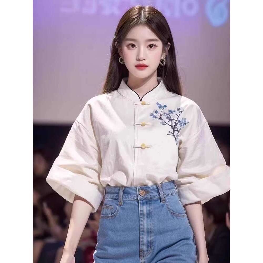 Mardi Hefxessdr Women's Clothing Summer New Improved Tang Suit Slimming Top Stylish White Drop-Shoulder Sleeve Embroidered Shirt style shirt wome