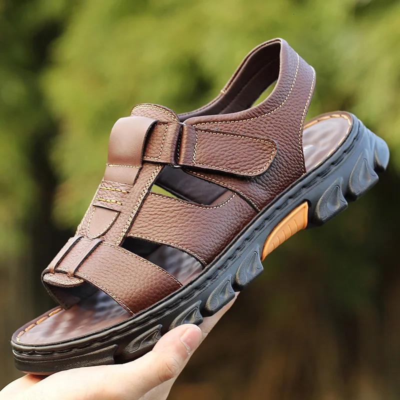 Loveontop Sandals Mens Beach Shoes Cowhide Slippers Outdoor Non-slip Thick-soled Leather Sandals for Me 260304