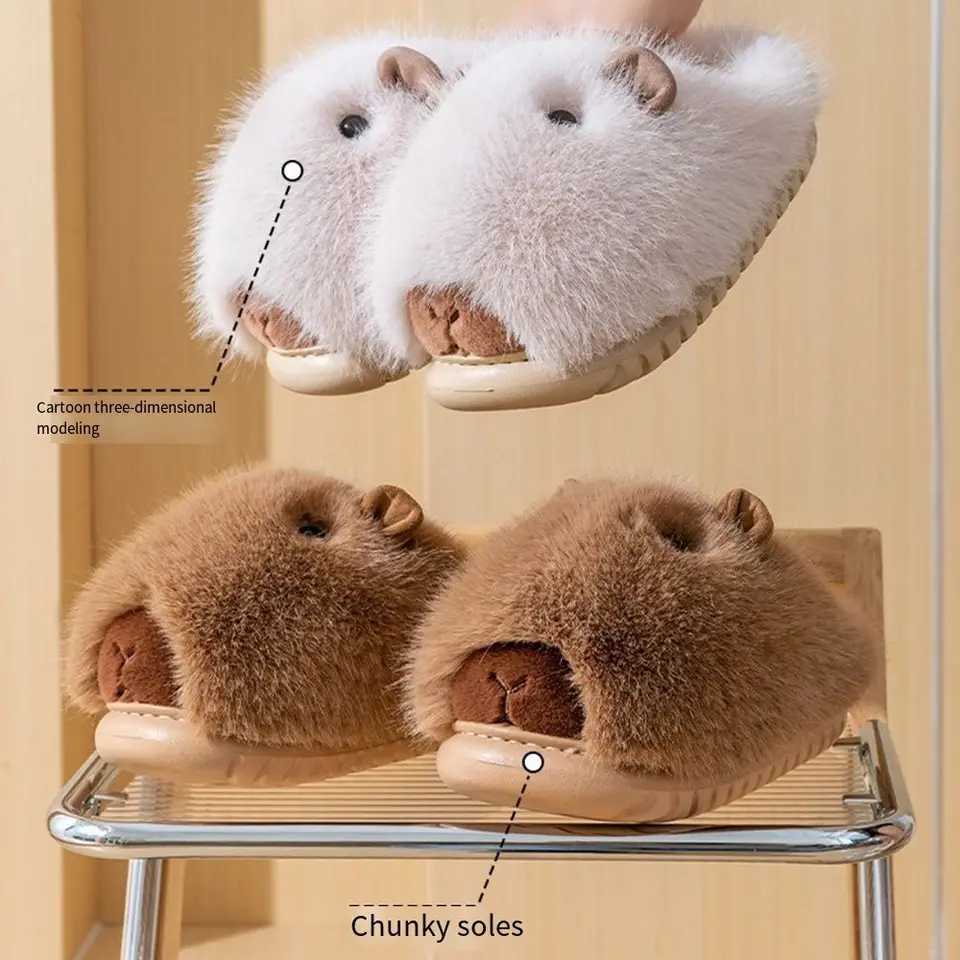 Fashion Comfortable Capybara Plush Slippers Winter Kawaii Cute Furry Animal Slippers Wrapped Heel Cartoon Couple Slippers Girls S260305