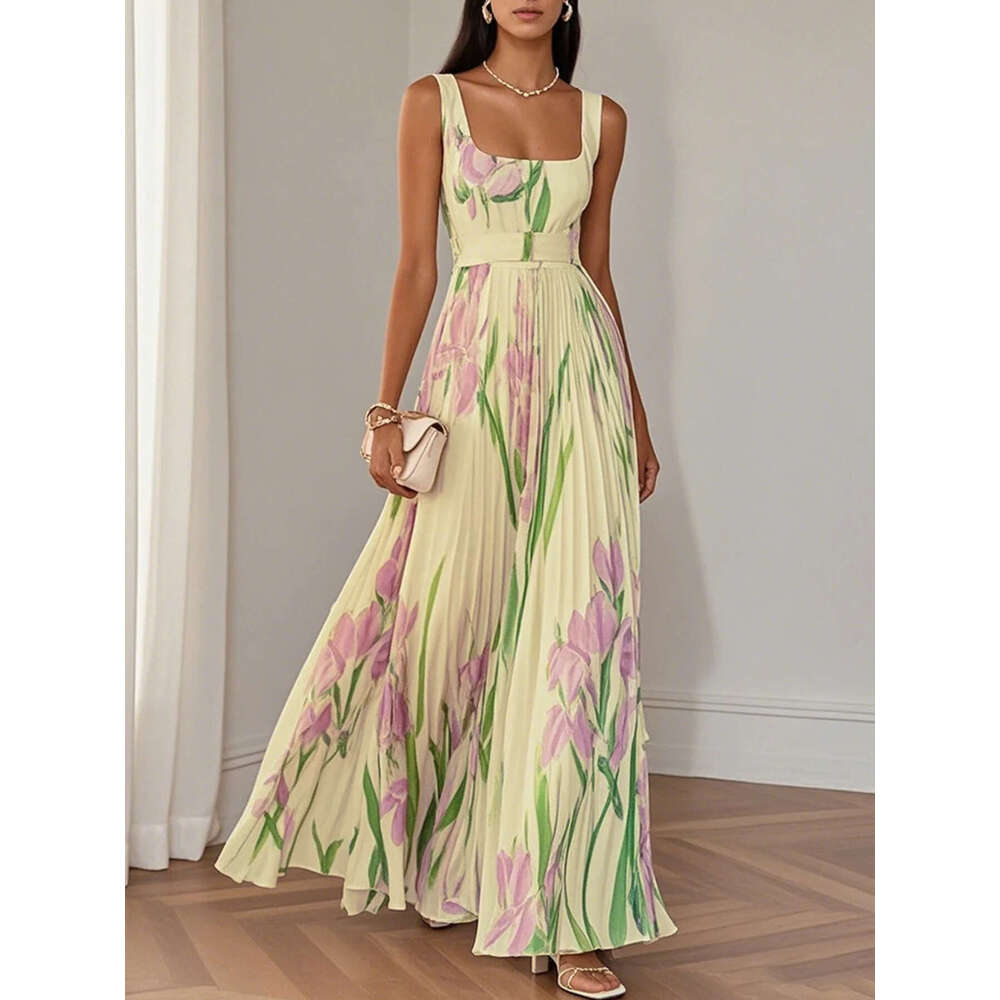 Women's Elegant Summer Maxi Dress Floral Digital Print Pleated Flowy Beach Vacation Party Dress 2026 New Fashion