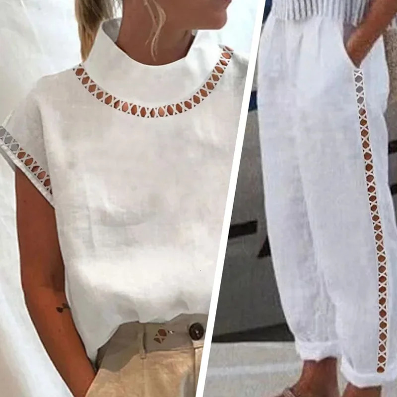Lady Loose Two Pieces Suits Womens Hollowed Out Cotton Linen Lace Suit Spring Summer Casual Pockets Solid Color TopPants 260305