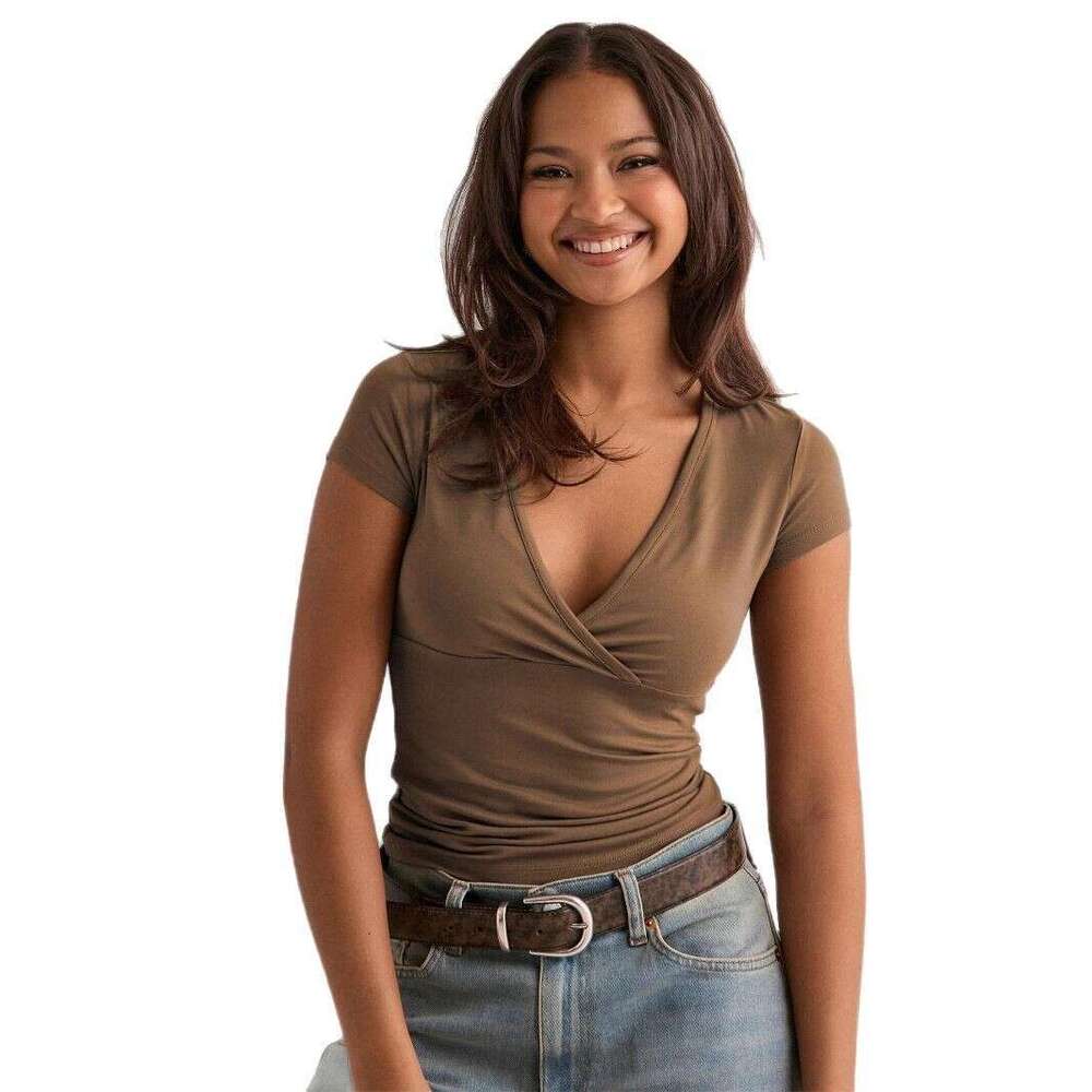 2025 Spring Summer Y2K Solid Color Slim Fit Designer V-Neck Short Sleeve T-Shirt Foreign Trade Cross-Border European and American Style Women's T