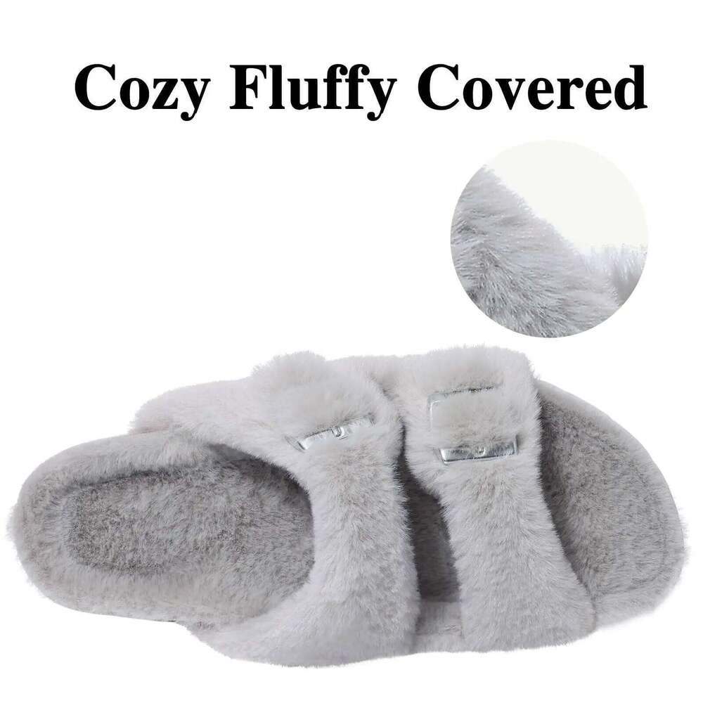Litfun Winter Women's Fluffy Cork Comfy Arch Support Fuzzy Slippers Open Toe Plush House Slides With Adjustable Buckle