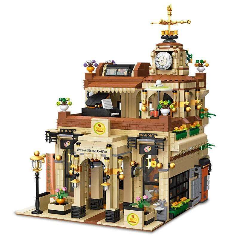 2987PCS Coffee Shop Building Blocks European Style Vintage Cafe Model Bricks Set With Light Desktop Ornaments Kids DIY Toy Gift Z260305