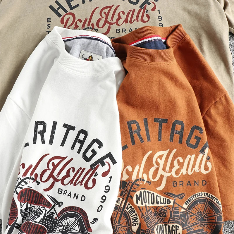 Vintage cotton short sleeve Tshirt Mens Motorcycle Print Summer May Khaki Youth half tee 260302