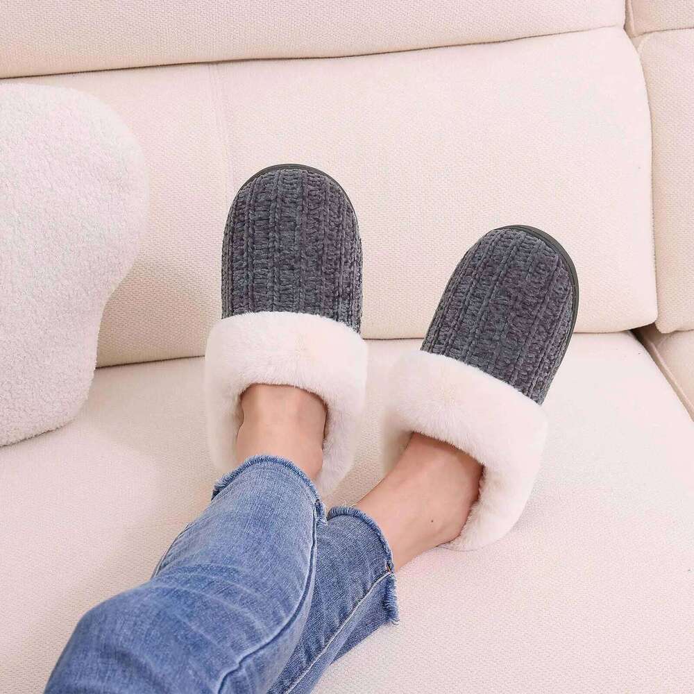 Litfun Winter Furry Slip On Wool-Like Lined Cozy Home Slides Memory Foam Chenille Warm Outdoor Women's Slippers