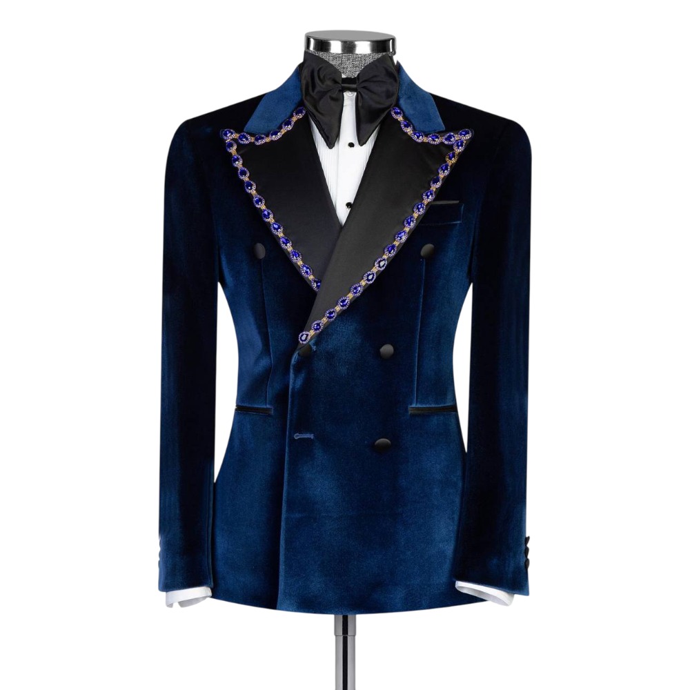 Vintage Men Suits Peaked Lapel Crystal Blazer 2 Pieces Tailor-Made Velvet Jacket Double Breasted Beaded Groom Customized Coat Pants Plus Size