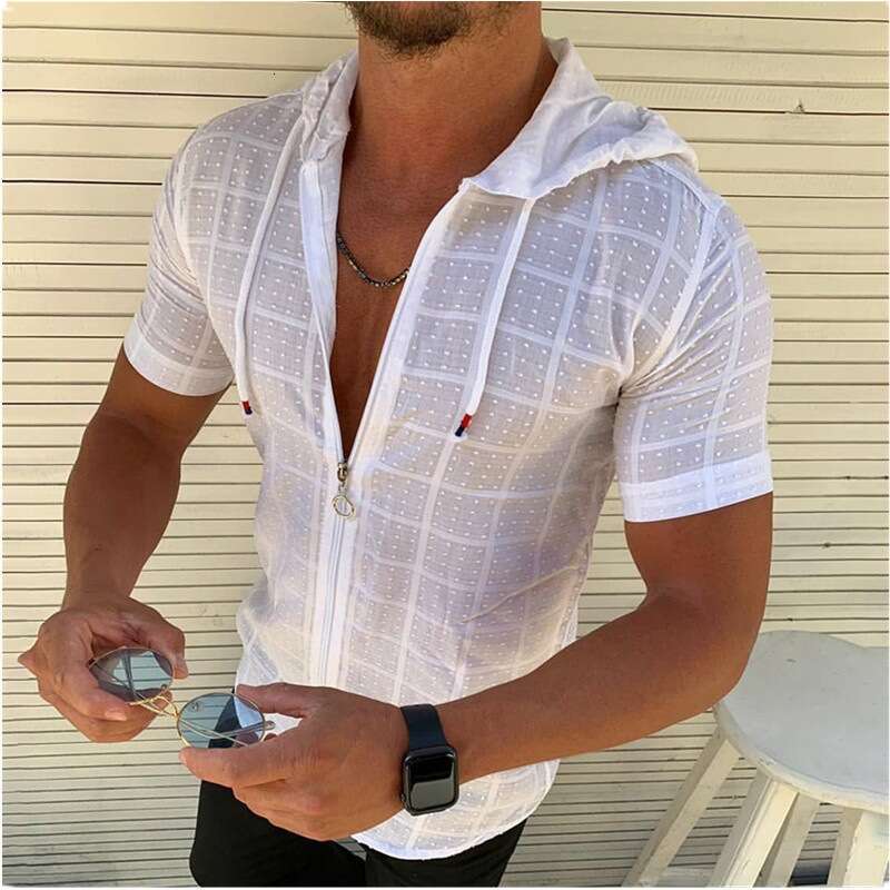 2025 New Model for Foreign Trade: Amazon European and American Fashion Men's Short-Sleeve Hooded Zipper T-Shirt