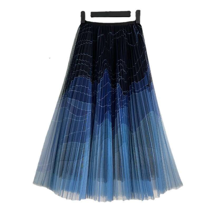 2026 Spring and Summer New Gradient Black and Blue Chiffon Skirt for Women, Medium Length Color blocked Hundred Fold Skirt