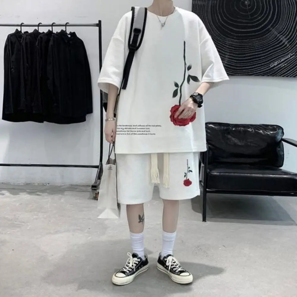 Y2k Korean Fashion Streetwear Hip Hop Rose Casual Short Suit Tshirt 2 Piece Set Summer Tracksuit Men Harajuku Oversize Tee 260227