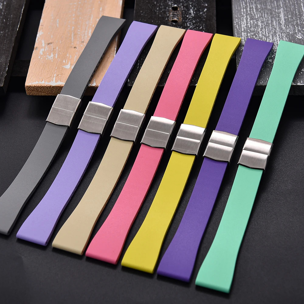 CTS FKM Rubber Watch Strap 16mm 18mm 19mm 20mm 21mm 22mm FKM CTS Watchband Quick Release Butterfly Silver Buckle Cut-To-Size 260304