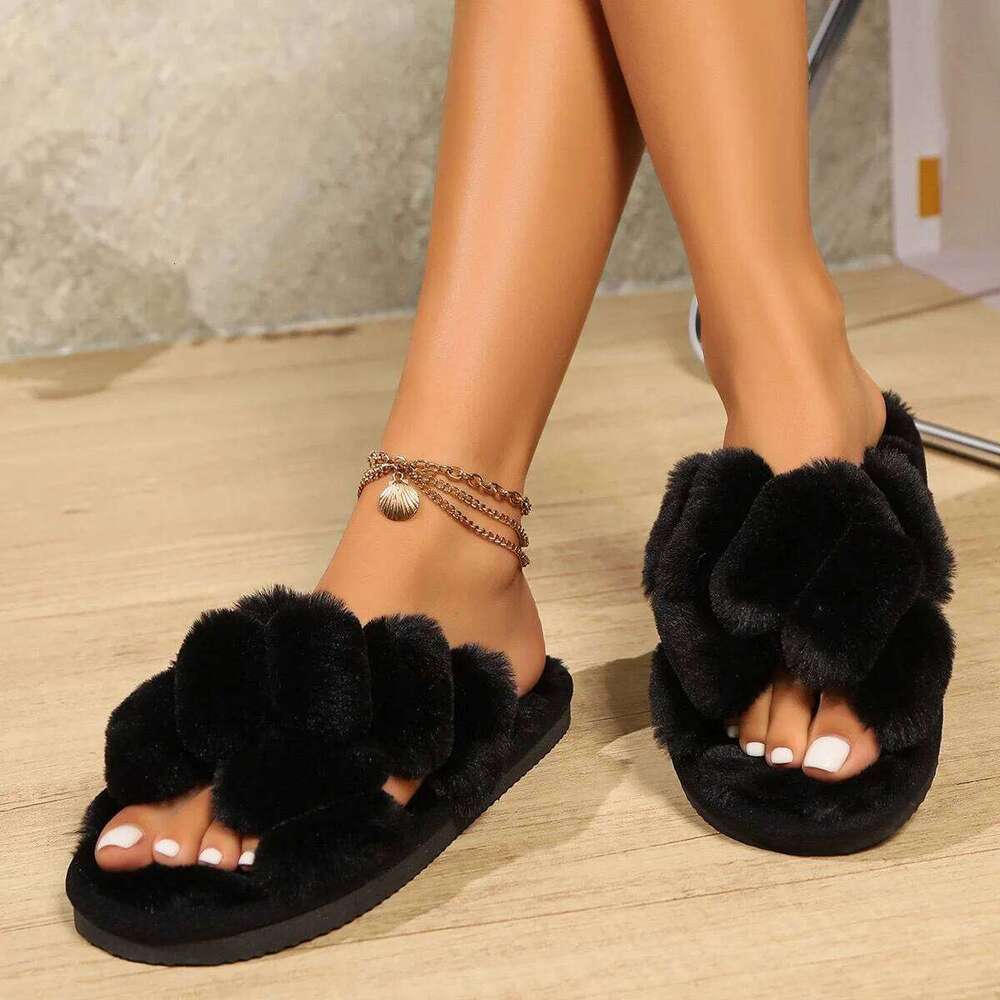 Women's Fluffy Cross Strap Fur Lightweight Soft Warm Plush House Slippers Woman Autumn Winter Flat Indoor Fuzzy Slides