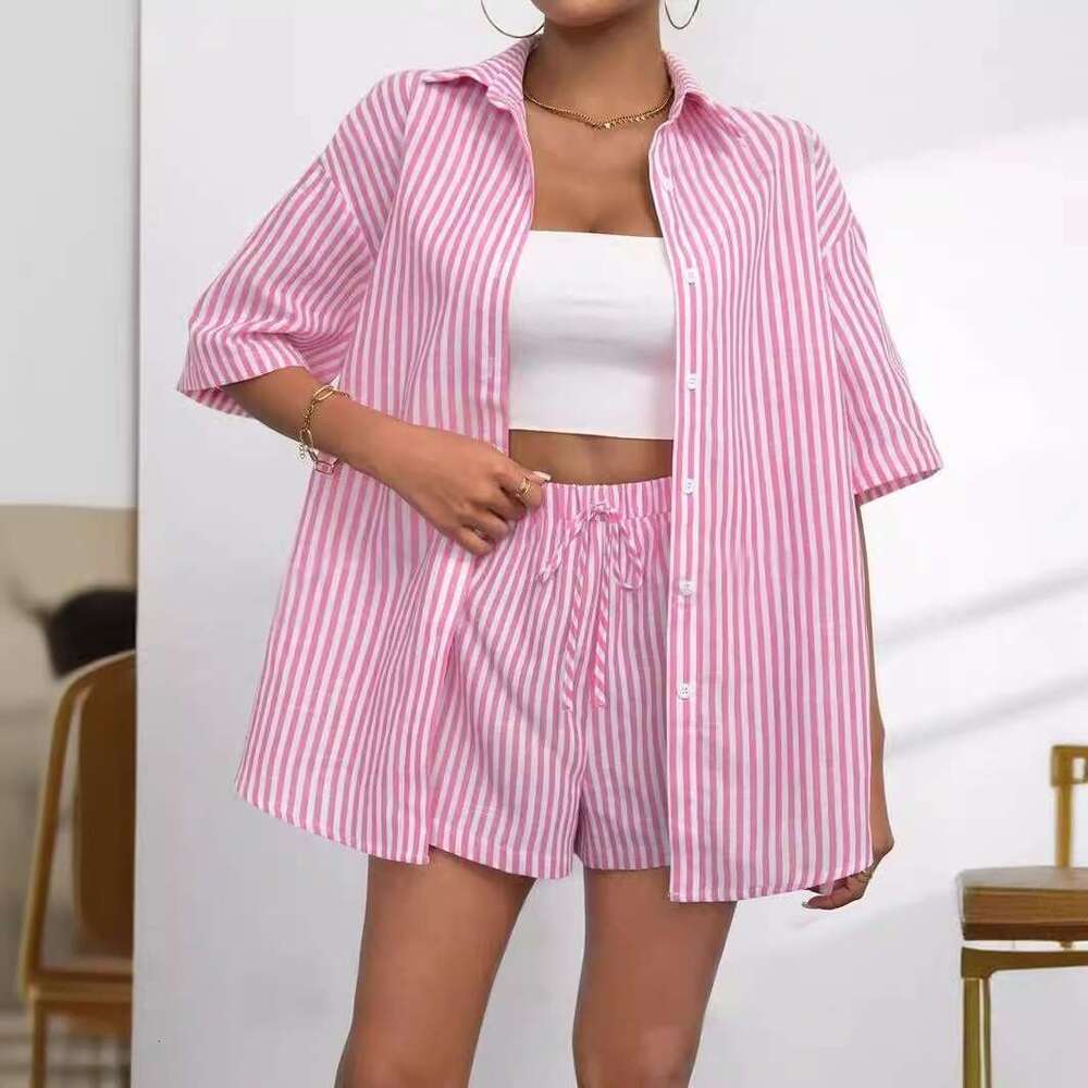 Spring summer cross-border European American women's clothing, new fashion striped short-sleeve shirt with collar and shorts casual two-piece set