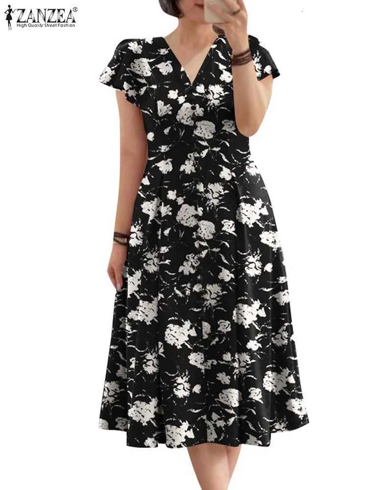 Women Elegant OL Work Floral Mid-calf Sundress ZANZEA Fashion Summer V Neck Short Sleeve Printed Dress Vintage Holiday Vestido X260306
