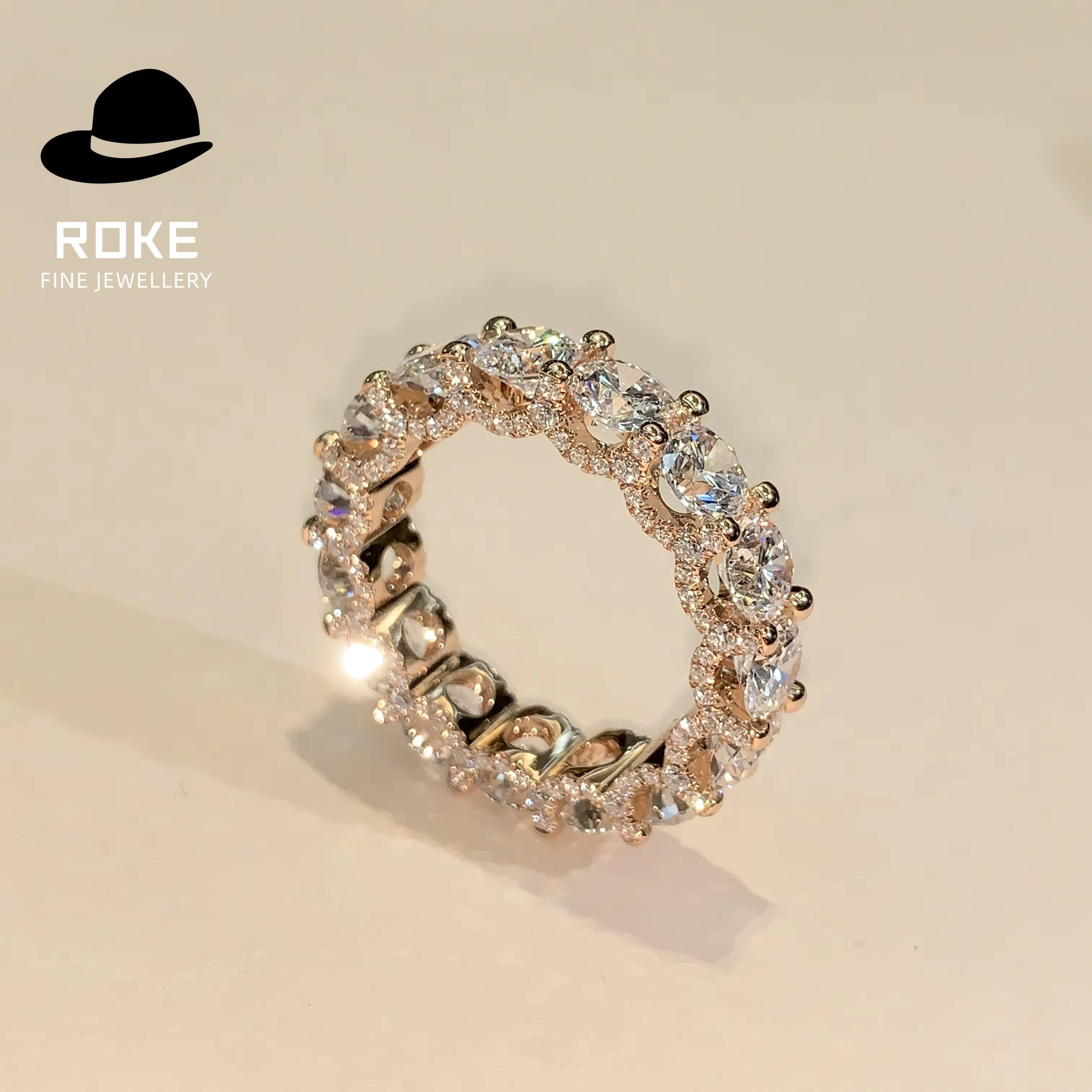 Luxury 9K-18K Rose Gold Customised Eternity Ring Lab Grown Round-cut Diamonds Encircling the Band Set in a Pave