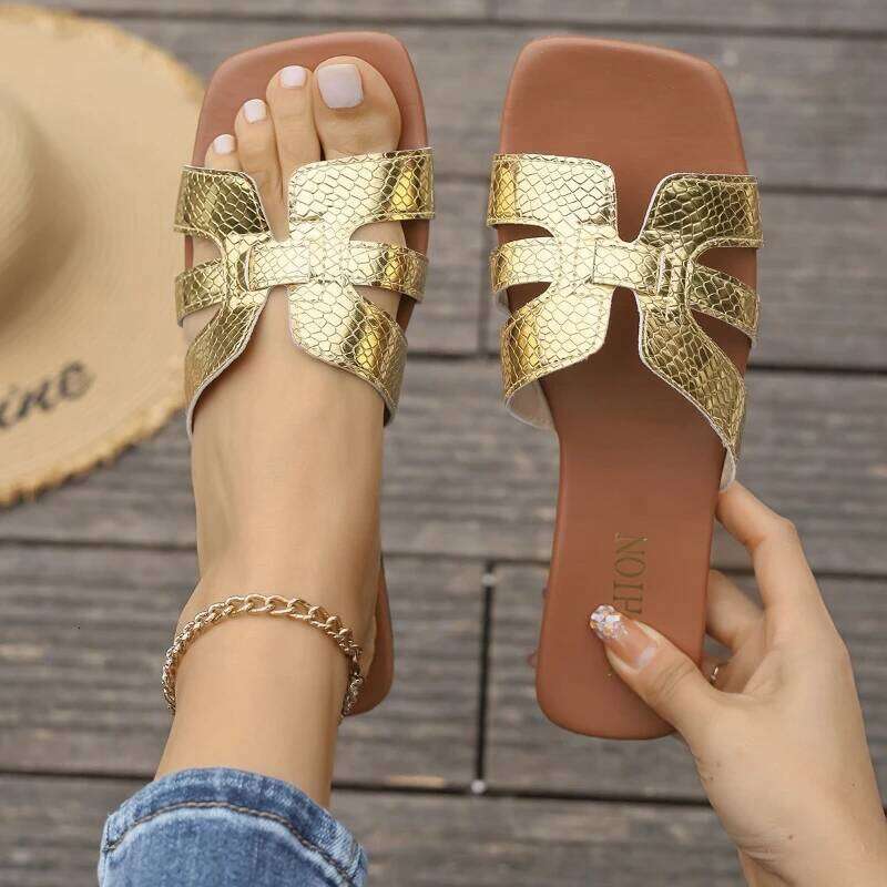 2025 Summer New Solid Color Lightweight Square Open toed Casual Slippers Women's Flat Sandals