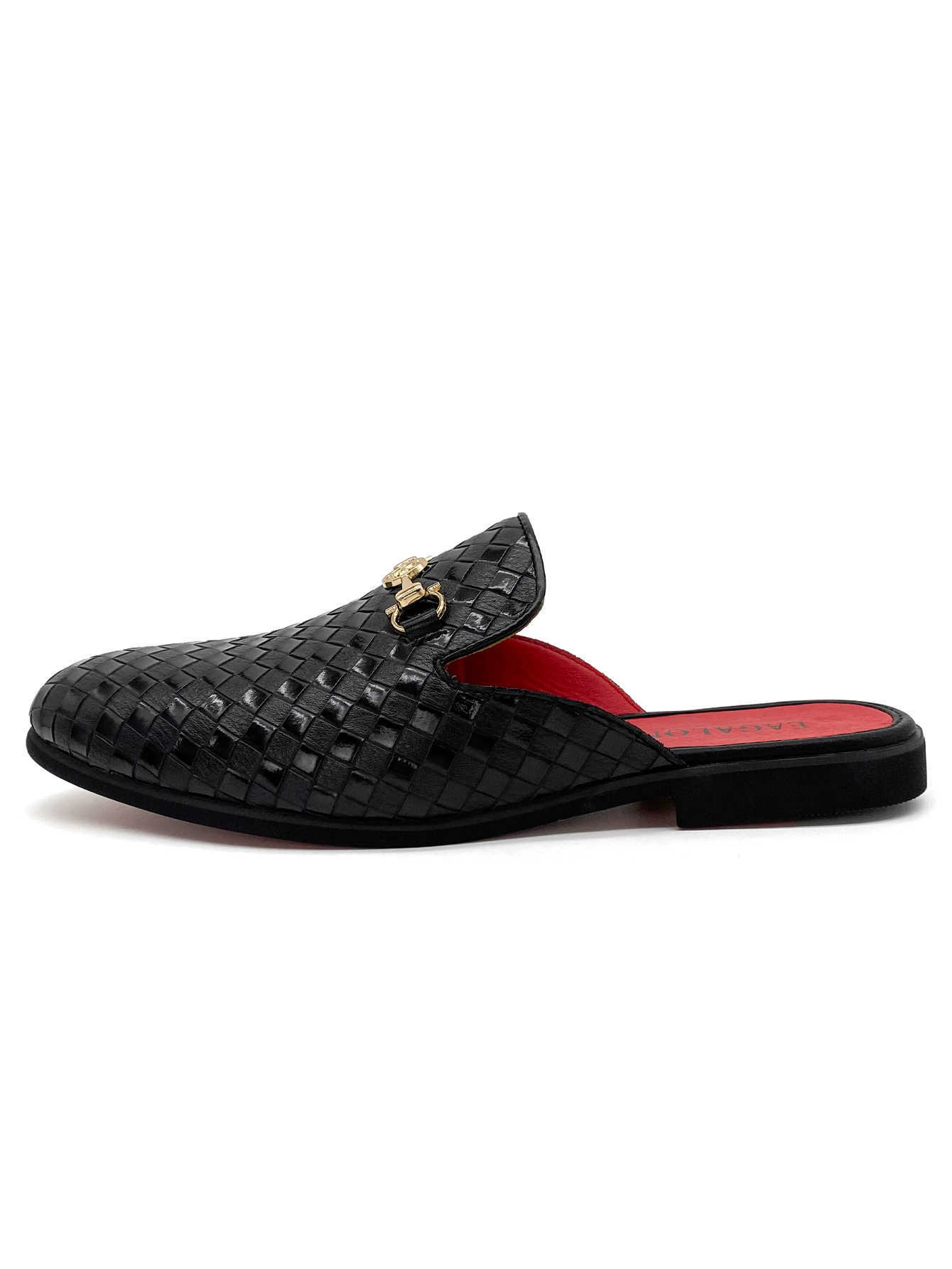 Men's Woven Leather Mules Buckle Backless Loafers Red Insole Fashion Casual Slippers Luxury Loafers