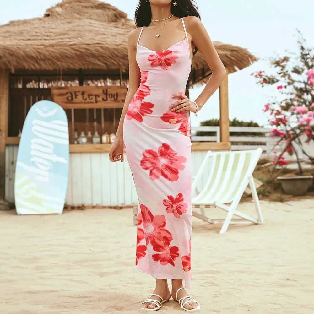 Spring and Summer Pink Floral Strapless Dress for Outings Travel and Resort - Beach and Sand Design with Print Long Dress X260306