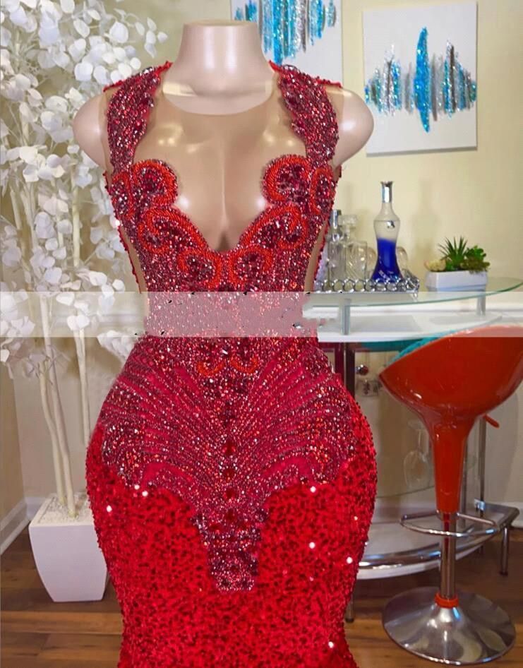 Sparkly Red Sequined Mermaid Prom Dresses 2026 For Black Girls Sheer Crew Neck Rhinestones Formal Party Dress Luxury Beaded Evening Gowns BC18507