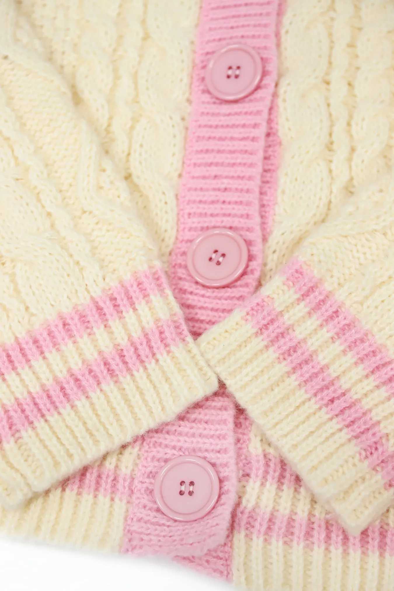 Womens Pink Cable Knit Cardigan V-Neck Contrast Trim Heart Star Pattern Sweater M260306