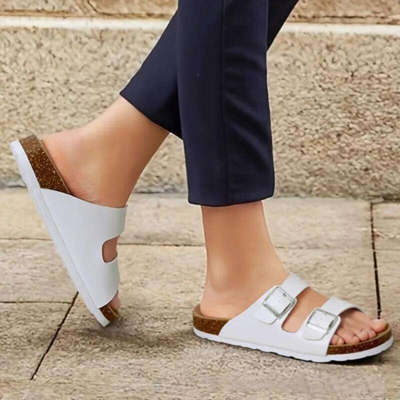 Litfun Women Summer Leather Sandals Comfort Cork Footbed Beach Slippers With Adjustable Buckle High Quality Brand Unisex Slides