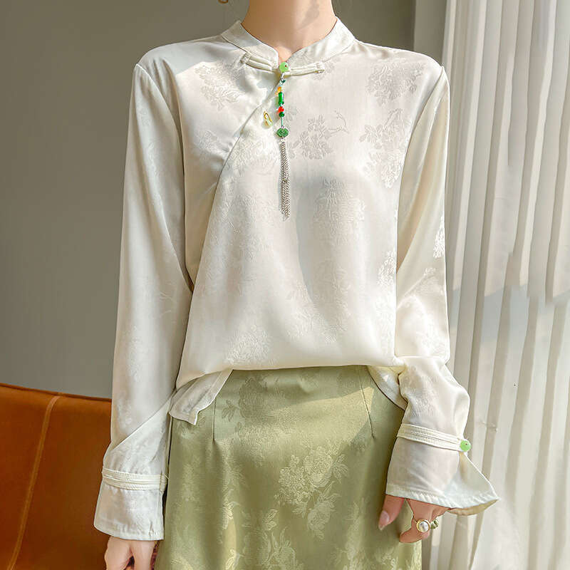 Mardi Hefxessdr New Chinese Silk irt Women's Embroidered Long Sve Lightweight Spring Summer Stand Collar Side Buttoned Chinese style shirt women&