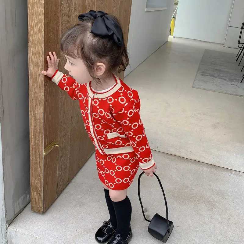 Girls Knit Set 2Pcs, Toddler Monogram Sweater & Skirt Outfit, Warm Christmas Party Clothes for 1-10Y Autumn Winter SpringT260306