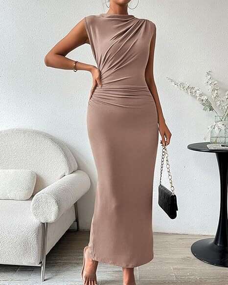 2026 European and American foreign trade cross-border women's clothing spring/summer hot-selling sleeveless back-slit pleated bodycon dress