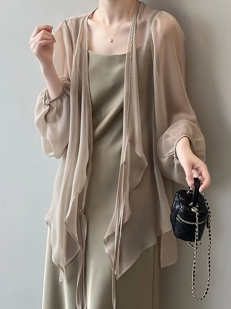 Shirts Women V-neck Loose Long Sleeve Open Stitch Korean Style Lace-up Simple Solid Summer Chiffon Breathable Minimalist Stylish 260306