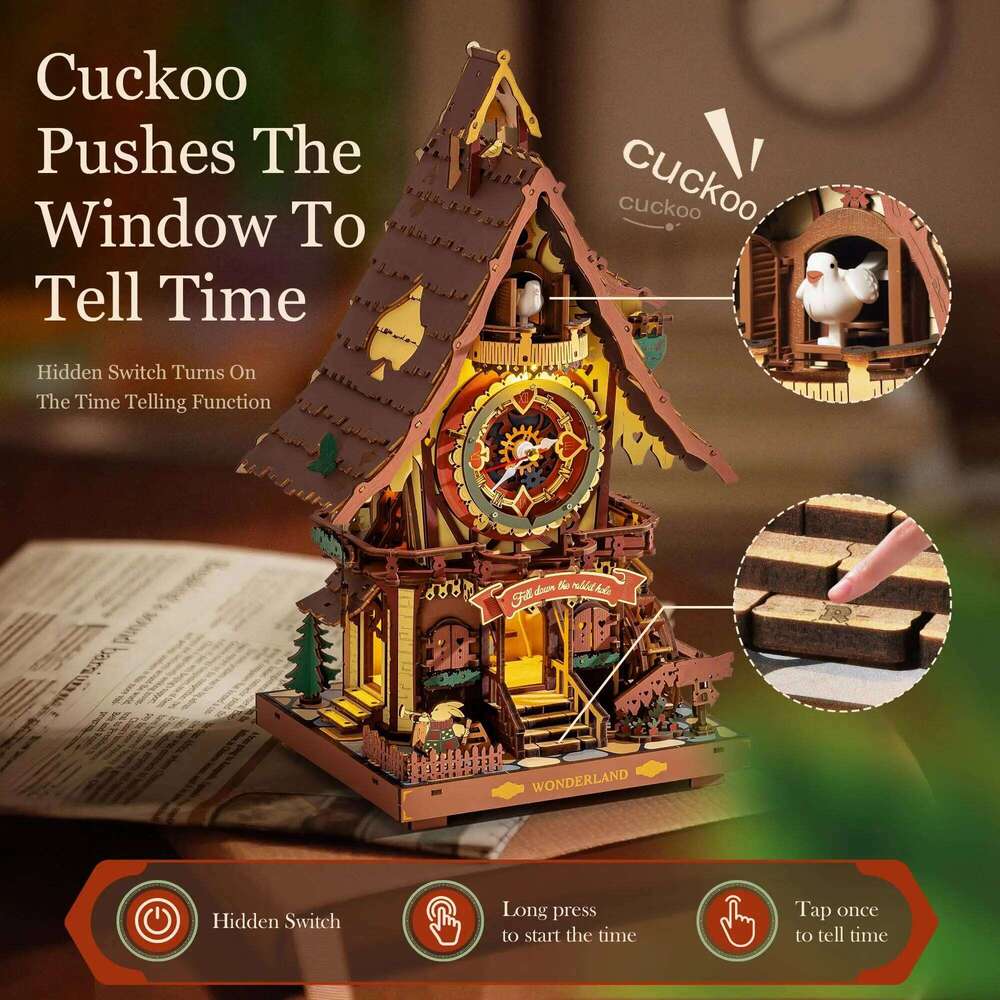 Robotime ROKR Cuckoo Mechanical 3D Wooden Puzzle Pre-colored Wall Clock Building Block Kits Home Deco Beautiful Design Z260306