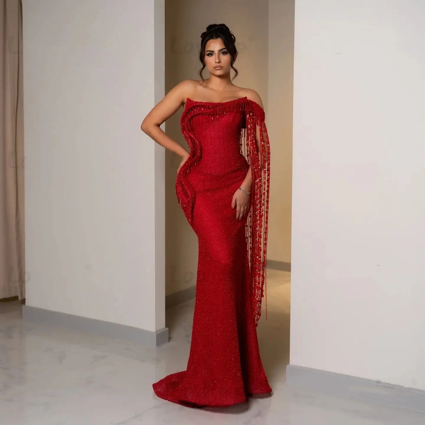 Classic Mermaid Evening Dresses For Women Beading Crystal Gown Off Shoulder Sleeveless Sweep Train Dress Party Custom Made