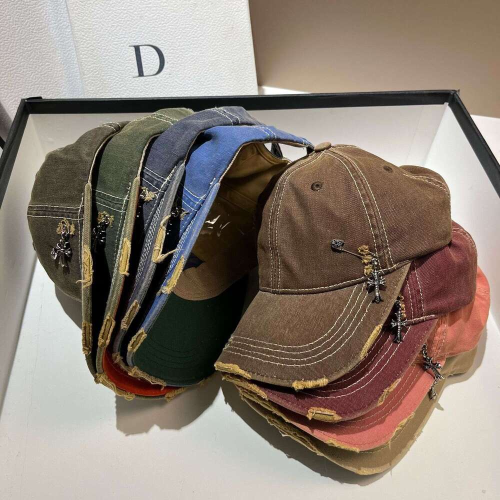 Trendy Cross pin washed denim baseball cap Casual sports hat youthful Unique Distressed Color-blocking American style