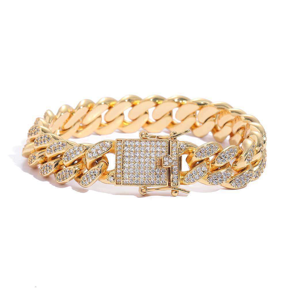 European and American Hip Hop Zircon Bracelet 12mm Double Row Full Diamond Cuban Chain Real Gold Plated High-Quality Men's Jewelry