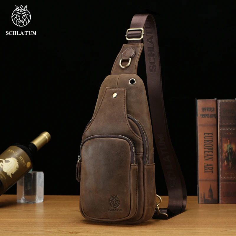 SCHLATUM 100Genuine Leather Chest Bag Casual Triangle Crossbody Travel Shoulder Backpack Men Leather Multifunctional Bag 260305