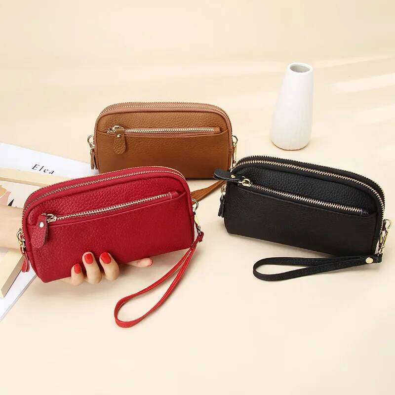 Genuine Leather Women Double Zip Wallet 2024 new Ladies Clutch Cowhide Wristlet Bag Coin Purse Fashion Mobile Phone Bags C260304