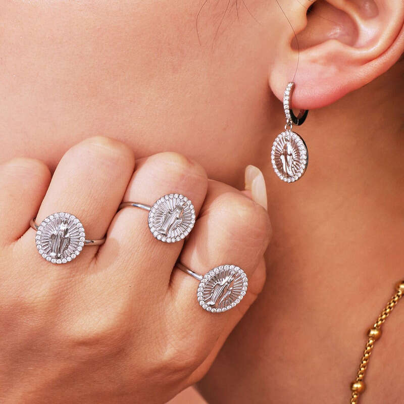 Women's Vintage Religious Earrings Ring Set: Stainless Steel 5A Zircon Jesus Oval Full Diamond Round Pendant 18k Gold Plated Ins Personalized Dai