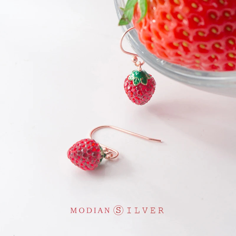 Modian Bright Crystal Strawberry Drop Earrings Charm Trendy Real 925 Sterling Silver Korean Dangle Earrings For Women Jewelry 260303
