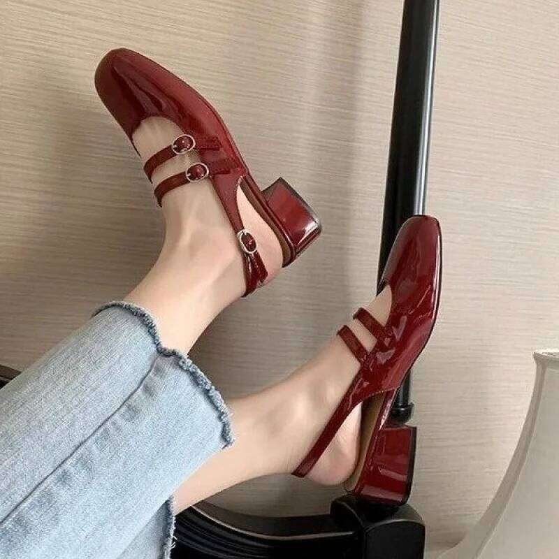 French Vintage Double Buckle Strap BackOpen Summer New Fashionable VintageLarge Heel Mary Jane single ShoesWomen's Rubber Upper