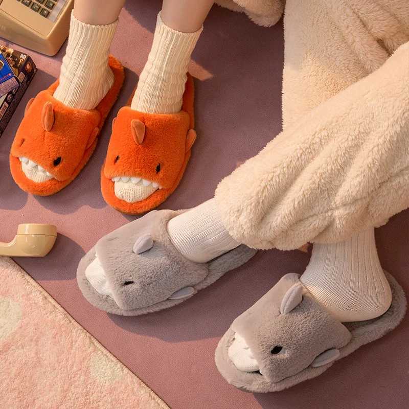Comwarm Autumn And Winter Cartoon Shark Wool Slippers For Women Soft Home Mens Indoor Household Open Toe Plush Cotton Slippers S260305