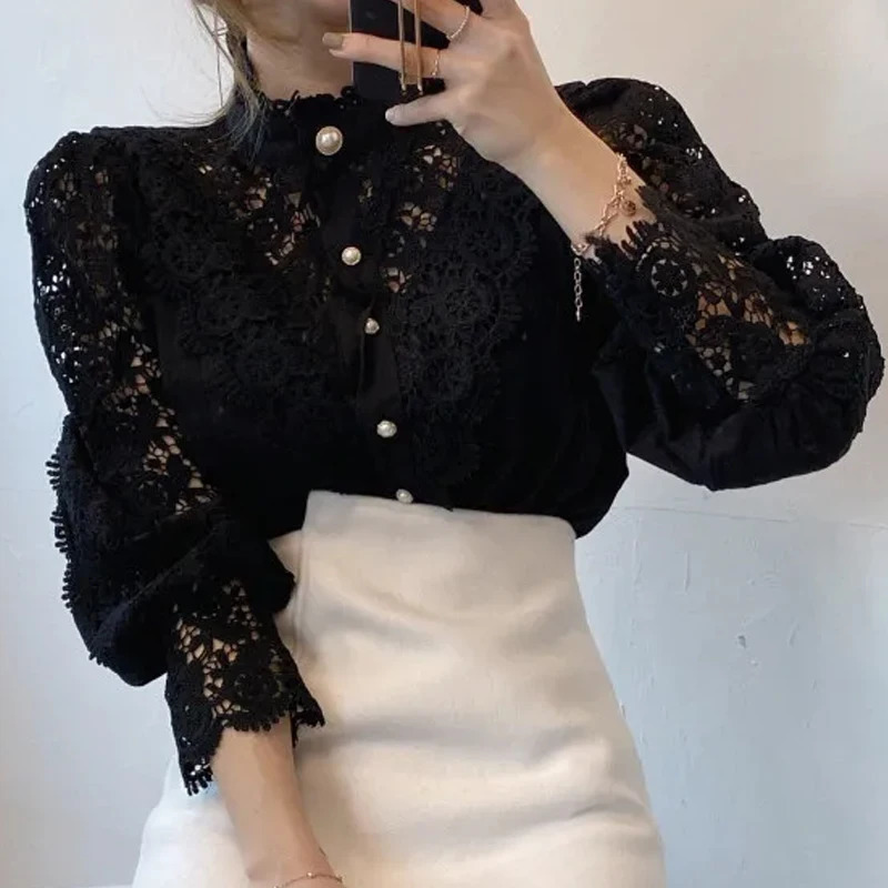 Elegant Loose Sweet Fashion Lace Women Blouse Office Stand Collar Casual Shirt Ladies Petal Long Sleeves Hollow Out Top Clothing 260306