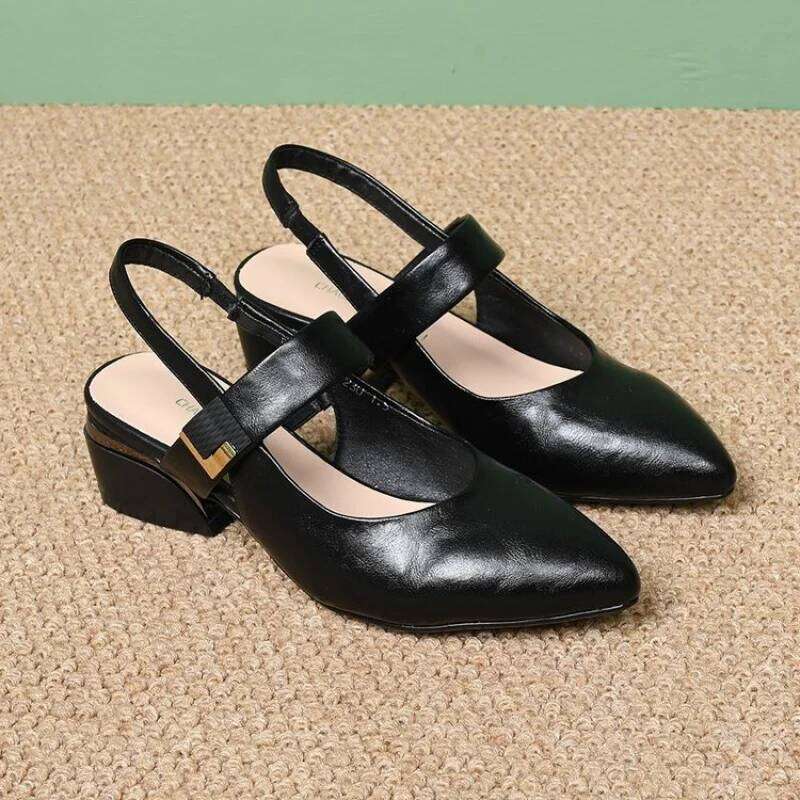 Women Elegant Cap Block Pointed Toe Sandals Summer Comfortable Backless One-Strap Buckle Mid Heel Fashion Commuter Shoe