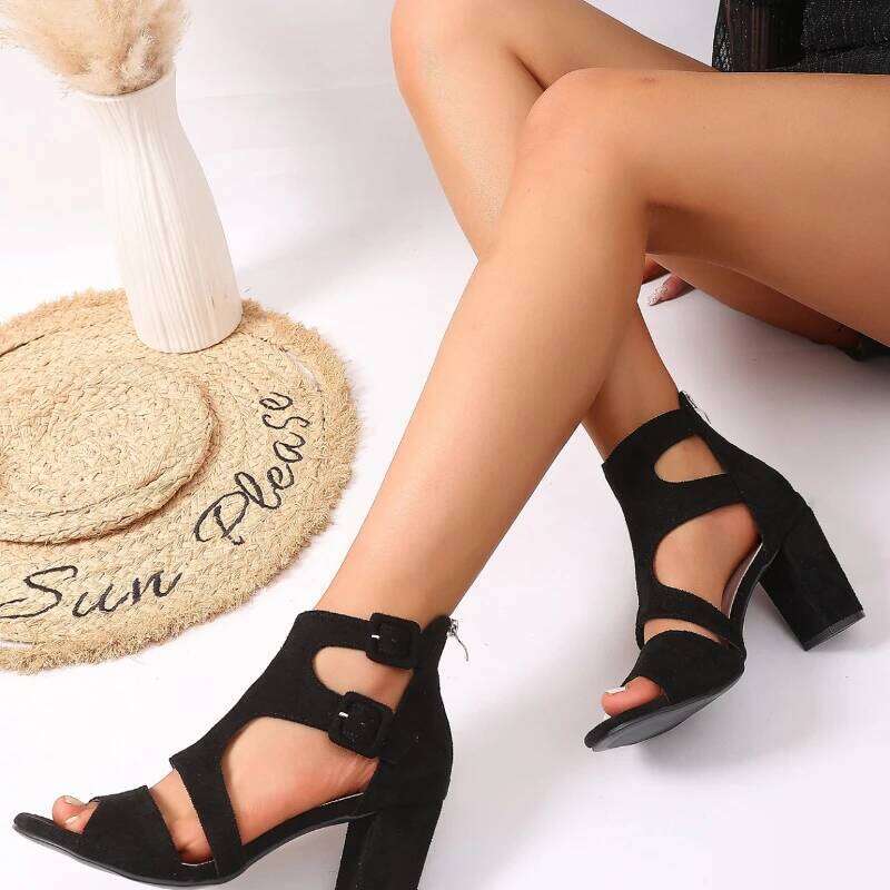2025 New Fashionable Hollow Design High Heel Outdoor Black Simple Style Women's Sandals