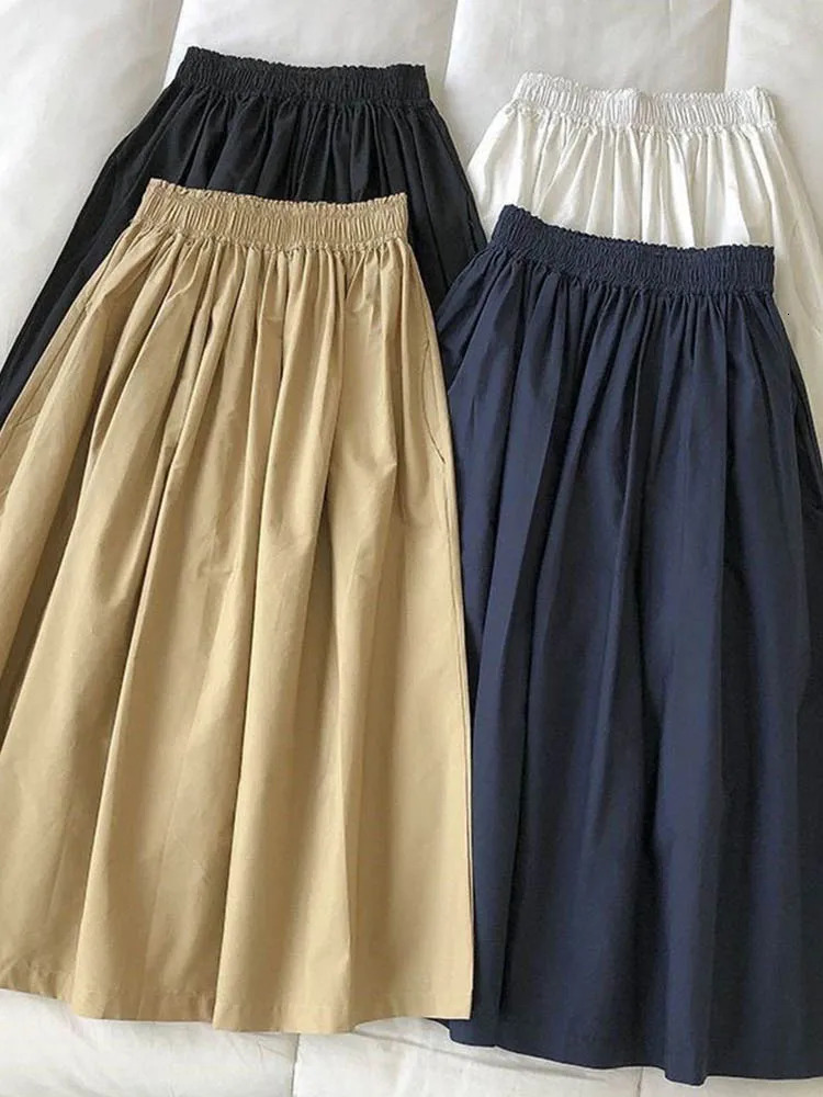 Women White Long Skirt Fashion Pockets Pleated Knee Length Skirts Autumn Casual Elegant High Waist A Line Femme Skirts 260306